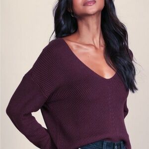 Lulu's Deep V-Neck Knit Sweater Wine Plum